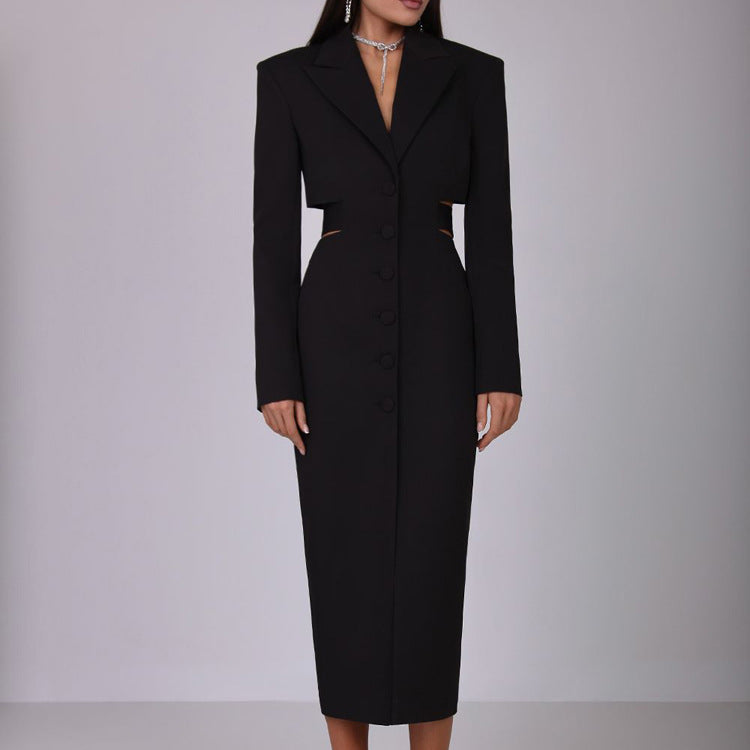 Women hollow Open Waist single-breasted long-sleeved Blazer dress