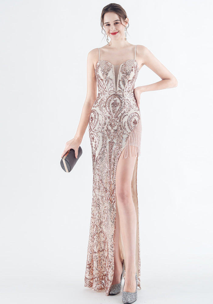 Bead Flower Sequin Elegant Herringbone Evening Dress