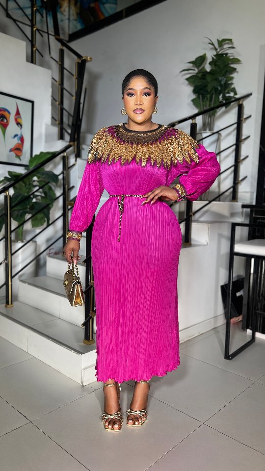 Luxury Sequin Cape Patch Slim Waist Pleated Loose Long Dress 10