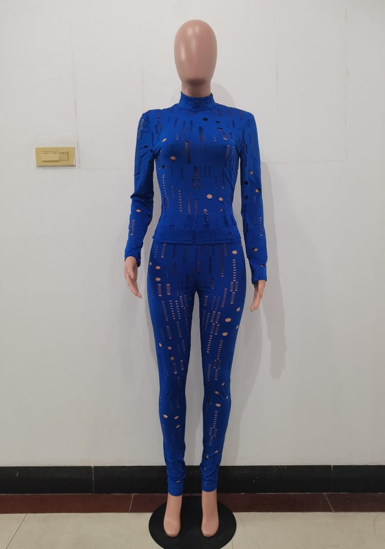 Spring Blue Sexy Hollow Out Tight Top and Pants Two Piece Set 6