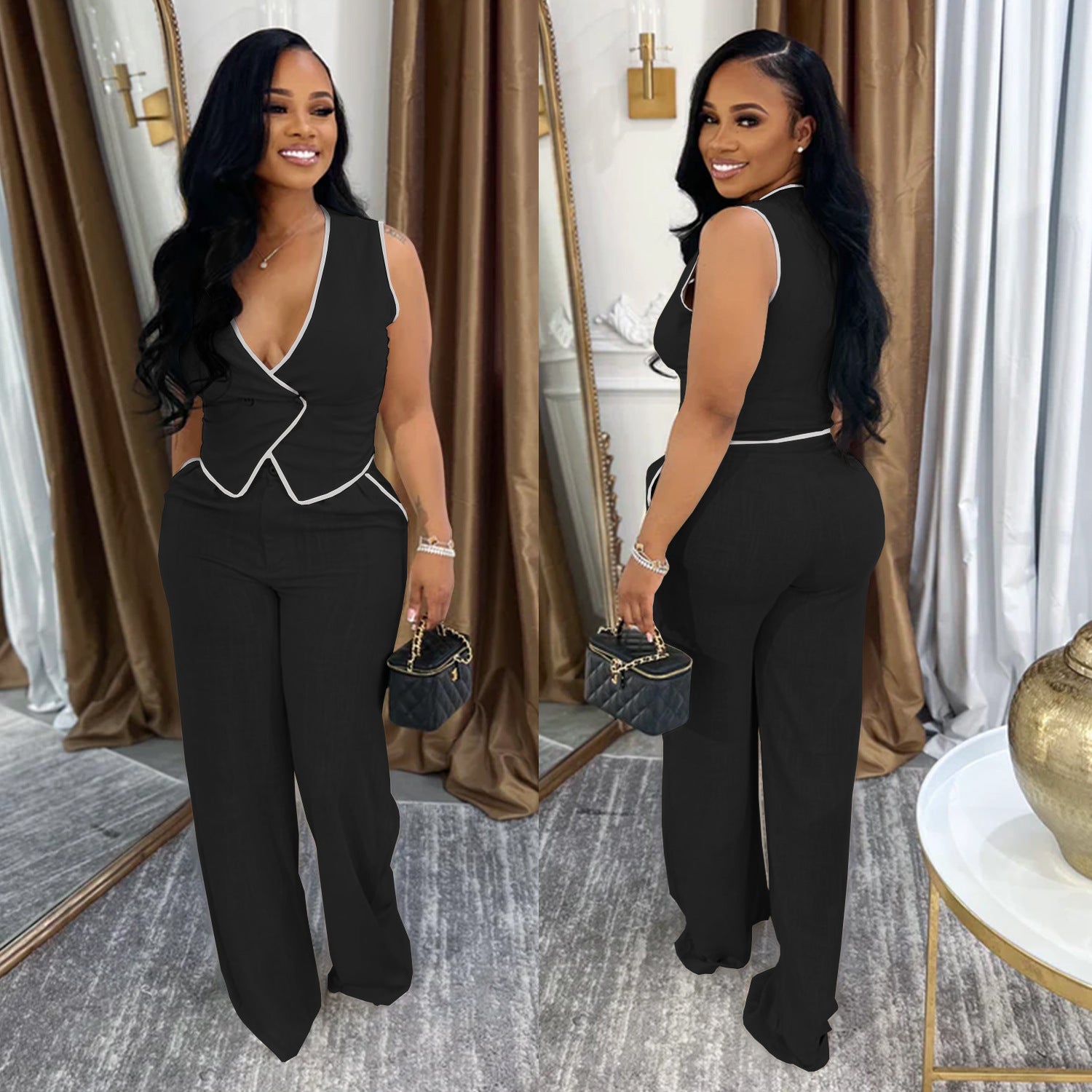 Women casual v-neck button top and trousers two-piece suit 3