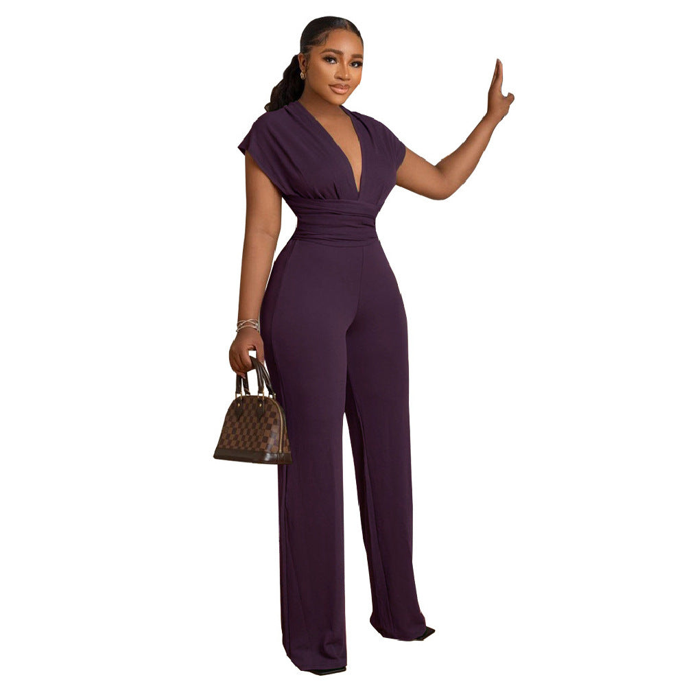 Solid Color Slim Women's Deep V Sexy Fashion Casual Jumpsuit 6