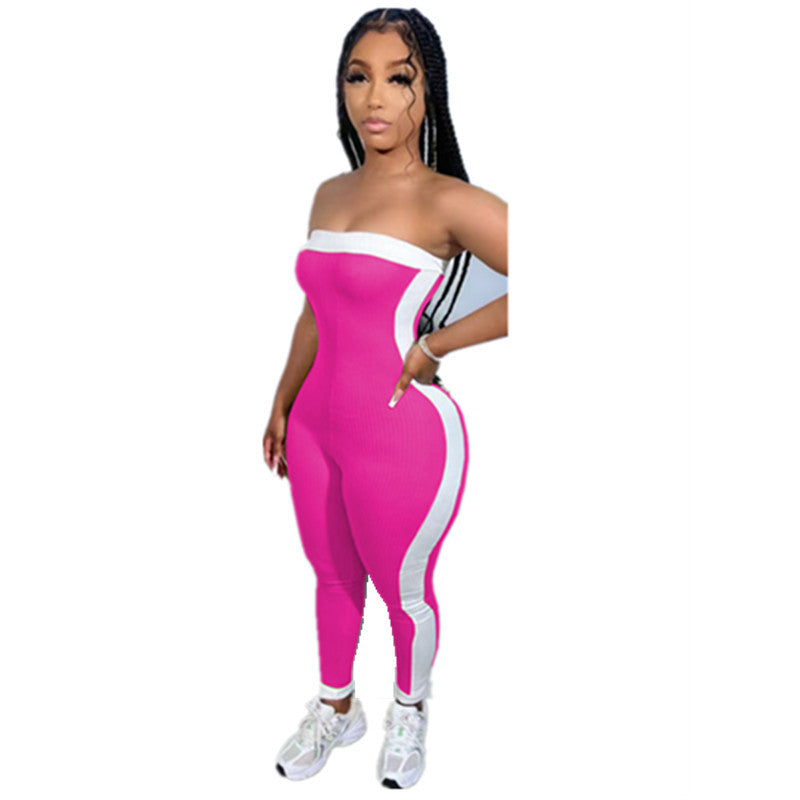 Strapless Color Block Sexy Tight Fitting Sporty Jumpsuit 11