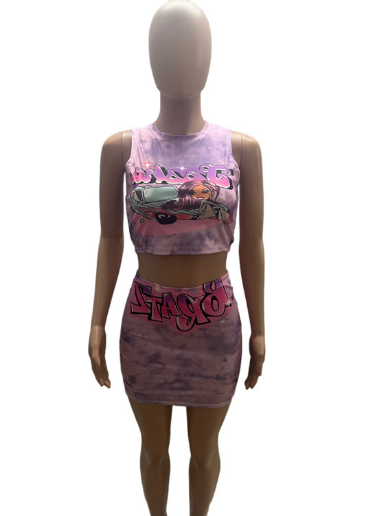 Women Summer Round Neck Sleeveless Figure Letter Print Top and Mini Skirt Two-Piece Set 10