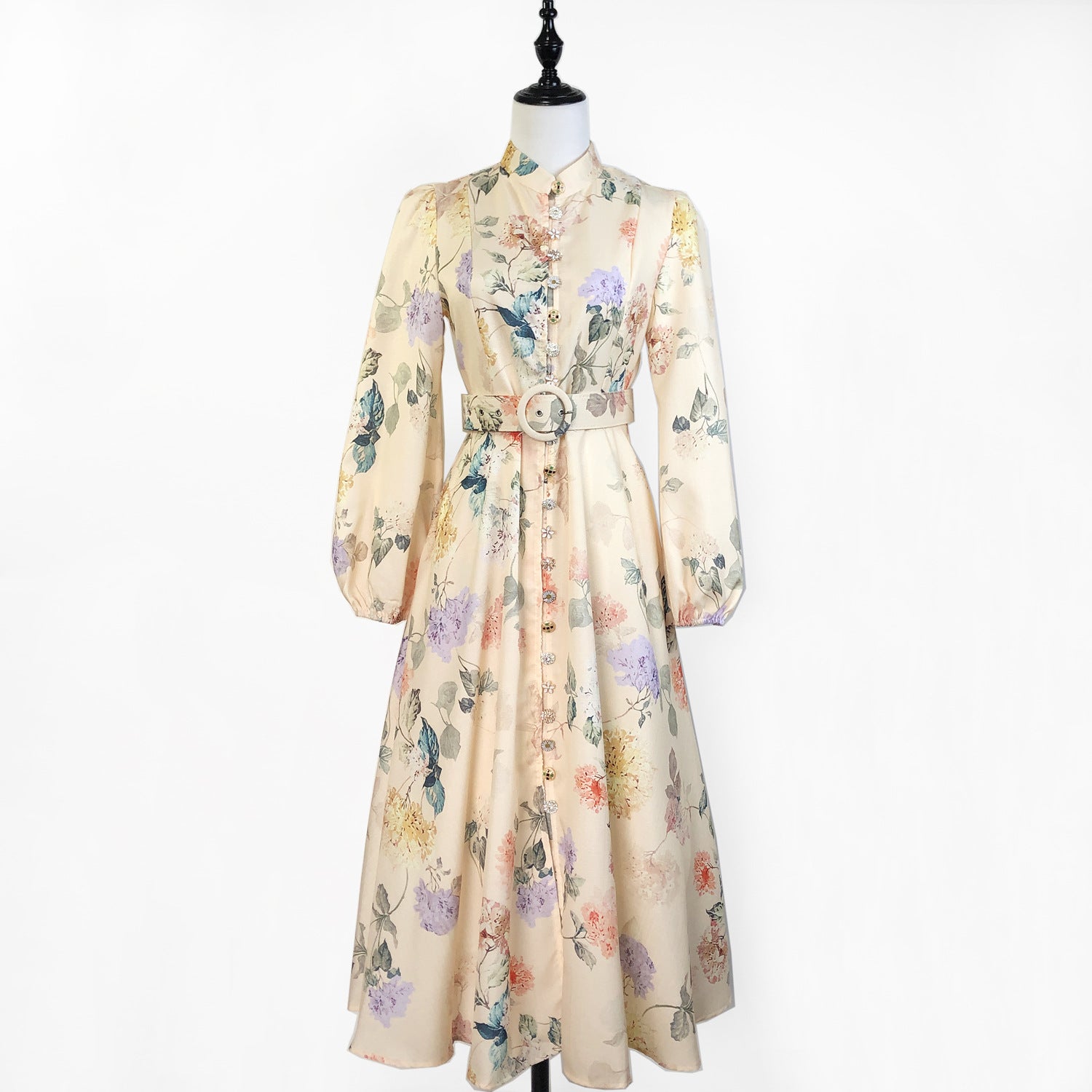 Elegant Print Row Jewelry Button Floral Lantern Sleeve Midi Dress with Belt 5