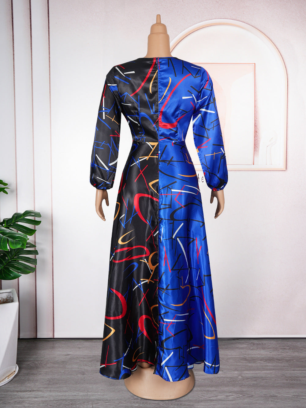 Africa Women's Muslim Color Block Print Plus Size Long Dress 16
