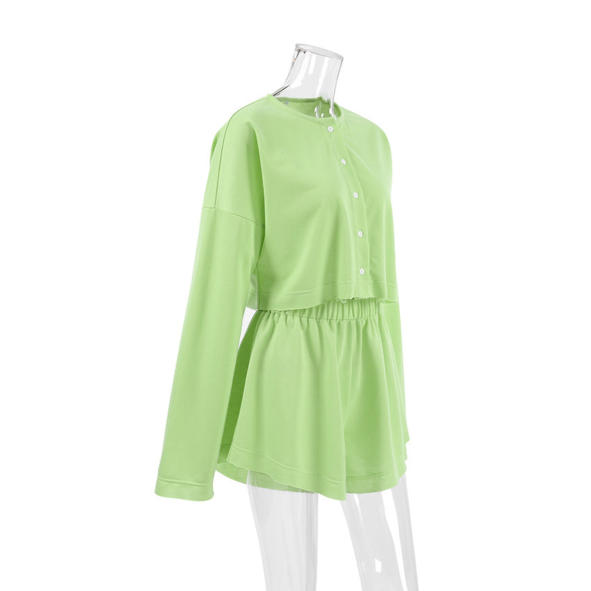 Summer Solid Color Long Sleeve Button Top Shorts Home Clothes Women Loose Comfortable Pajamas 6
