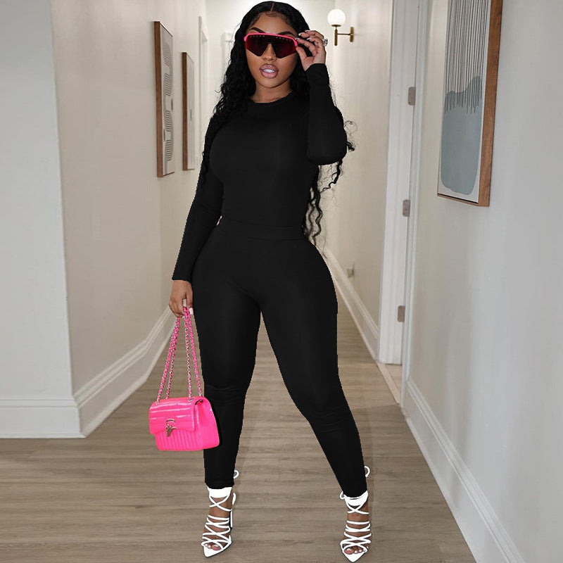 Women Pleated Solid Round Neck Top and Long Pants Casual Two Piece Set 4