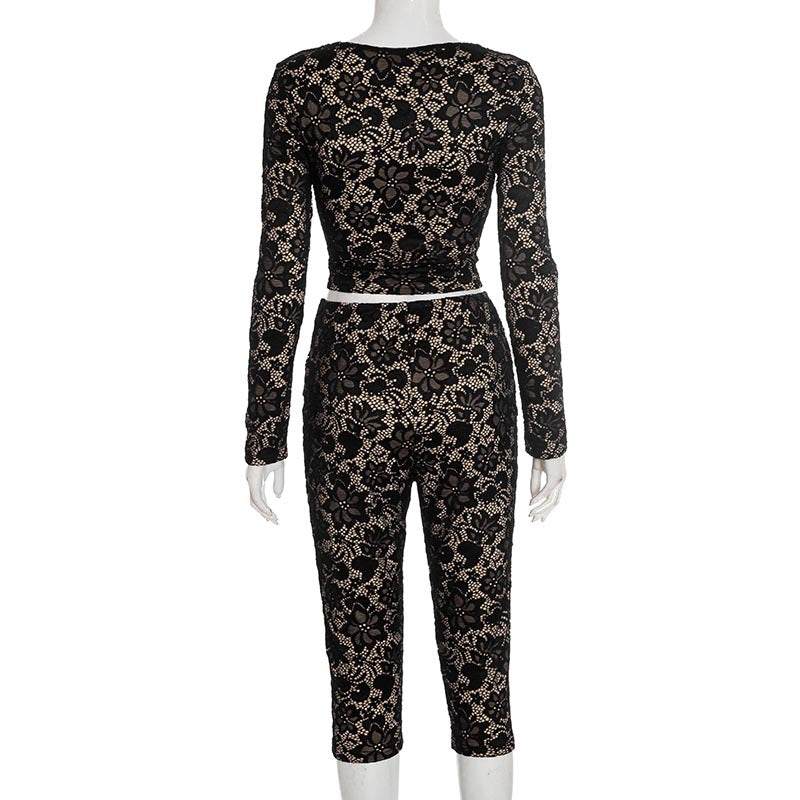Women's Lace See-Through Long Sleeve Top & Tight Fitting Pants Two-Piece Set 5