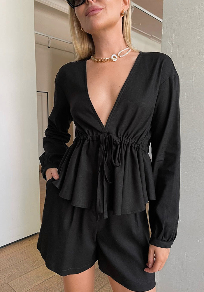 Black V-Neck Linen Long Sleeve Top Shorts Autumn And Winter Fashion Two-Piece Set