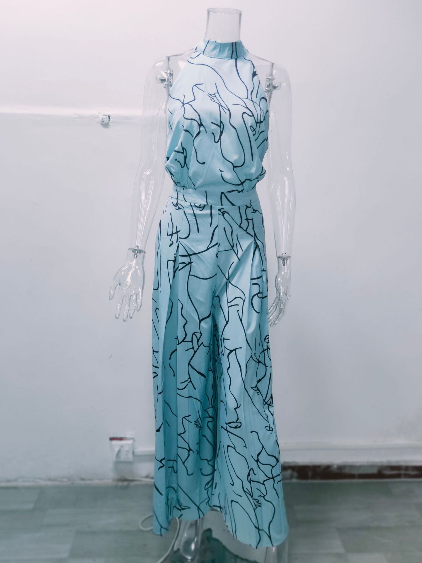 Summer Women Elegant Lace-Up Sleeveless Halter Neck Print Jumpsuit 28