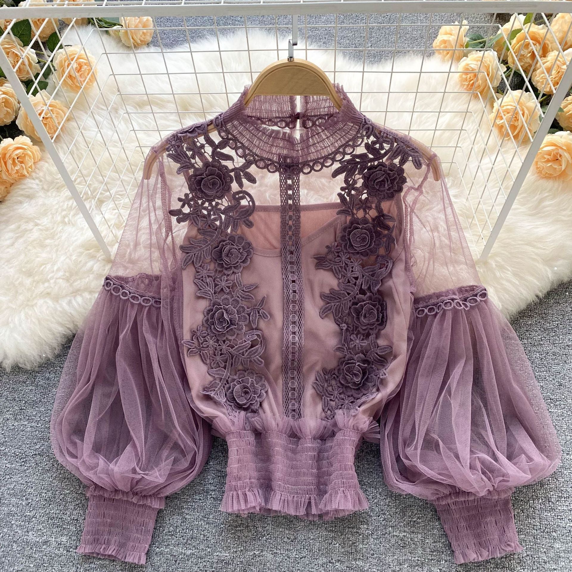 Women Flowers See-Through Mesh Lantern Sleeves lace crop Top 15