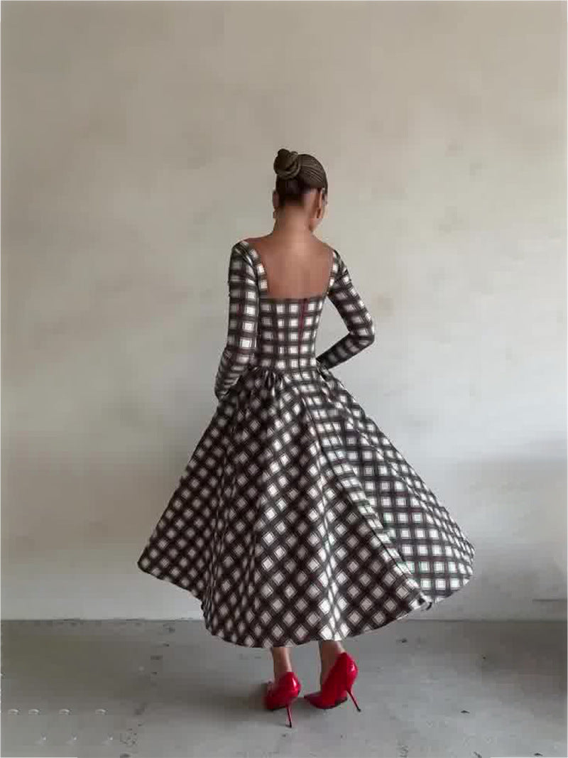 Women Autumn U-neck Plaid Long Sleeve Belt Dress 5