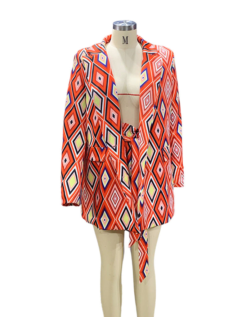 Fall Women Chic Print Blazer And Shorts Two Piece 6