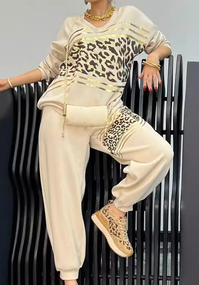 Women autumn and winter leopard print Patchwork Top and Pant two-piece set