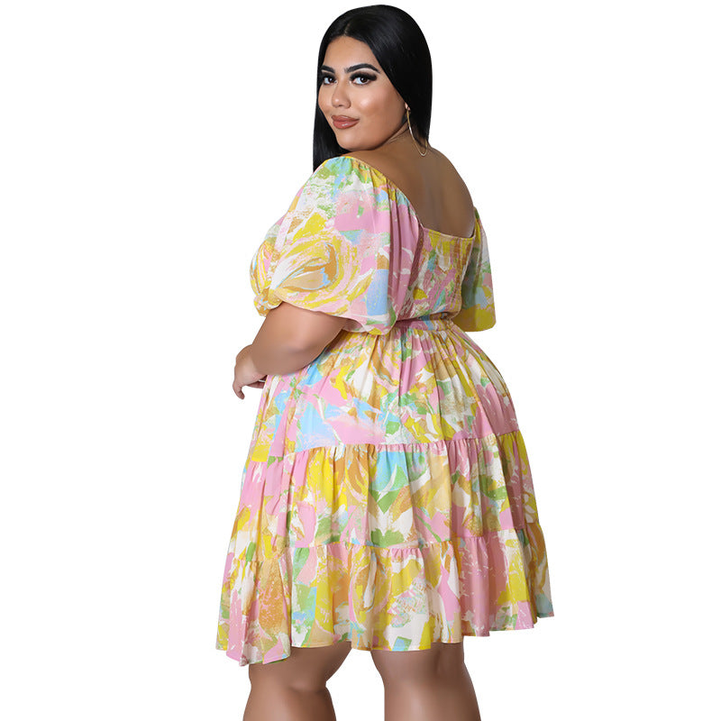 Plus Size Women's Summer Sexy Off Shoulder Print Loose Casual Dress 7