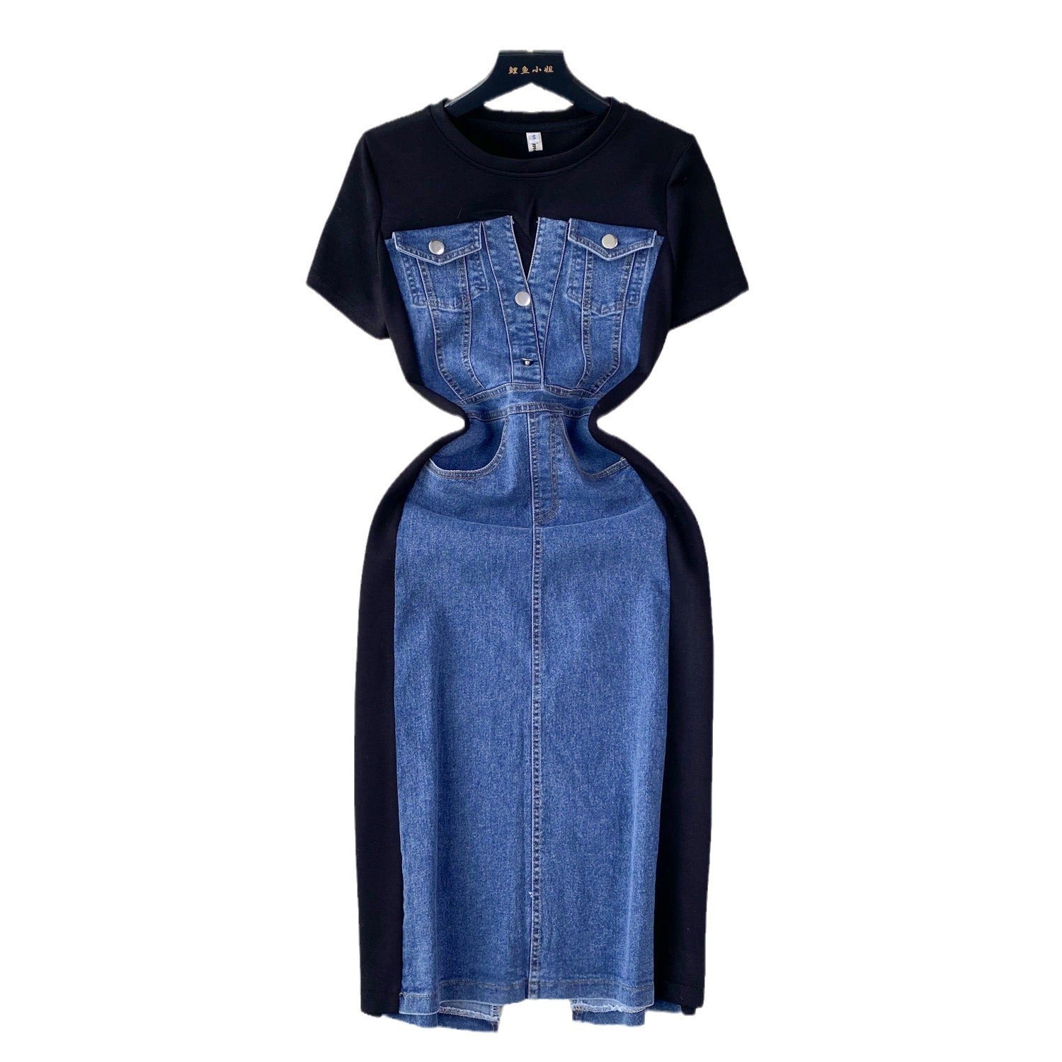 Round Neck Short Sleeve Patchwork Denim Dress Slim Waist Fake Two-Piece Long Dress 7