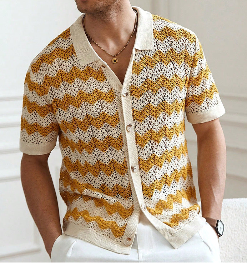 Men's American hollow jacquard ripple summer short-sleeved knitting polo T-shirt