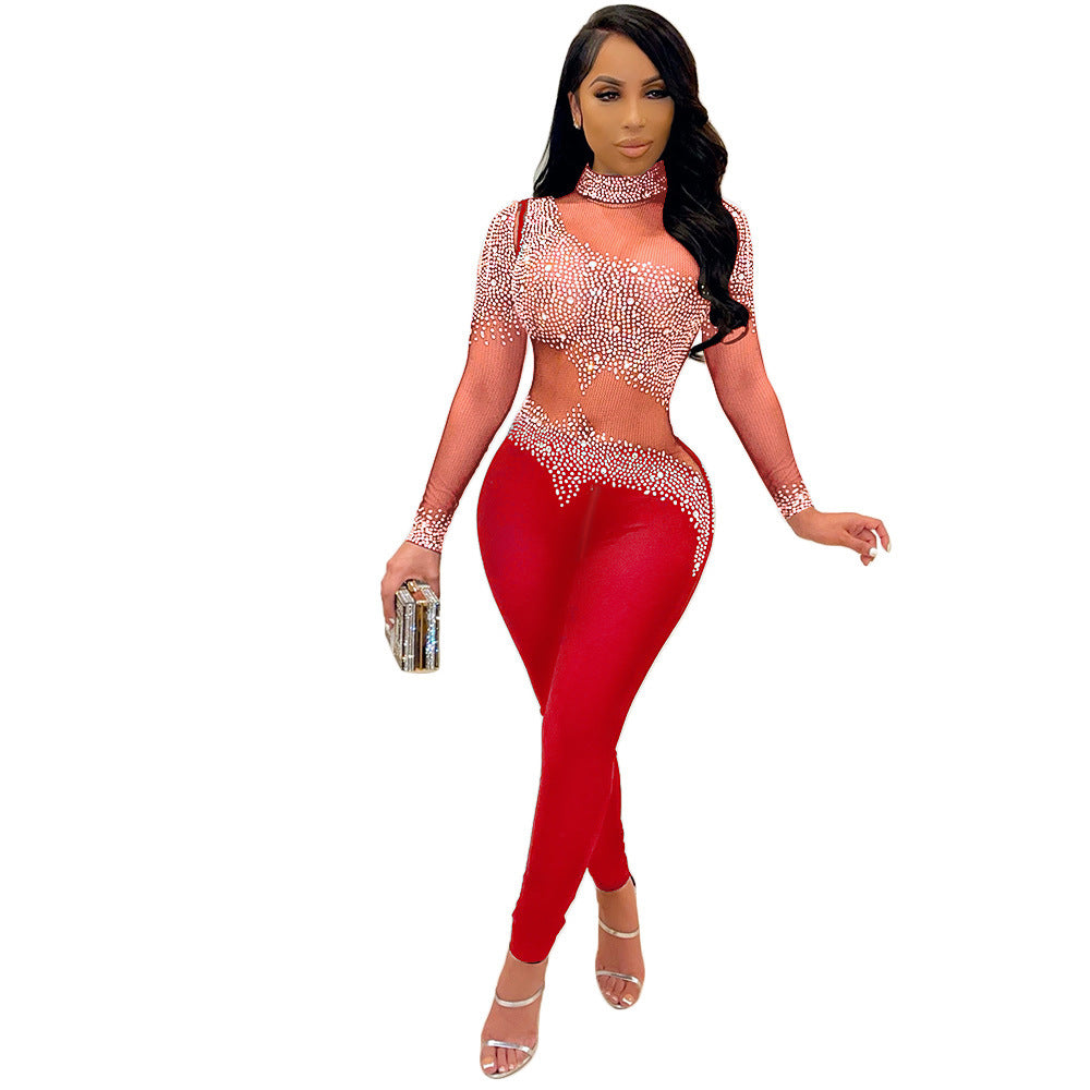 Women Sexy Mesh See-Through Beaded Long Sleeve Jumpsuit 33