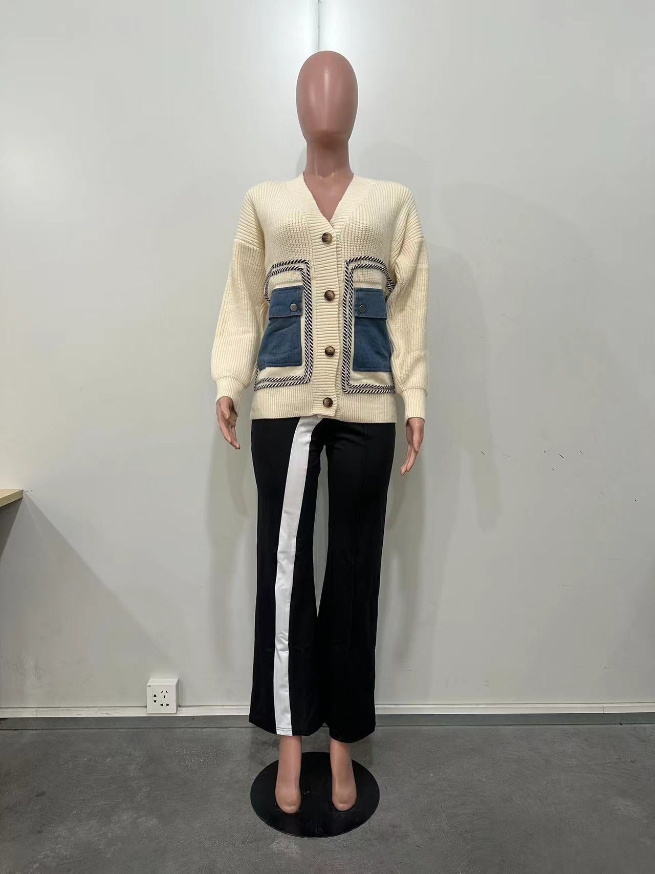 Women Patchwork single-breasted Denim pocket sweater 13