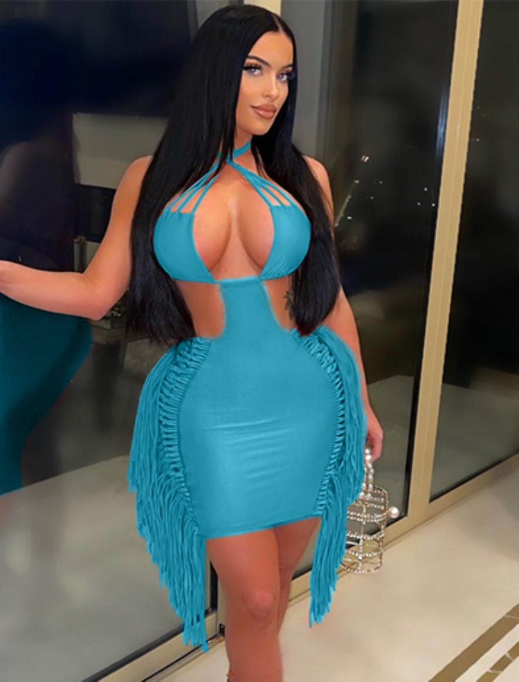 Women Summer Blue Sexy Halter Sleeveless Solid Tassel Mini Club Dress 4