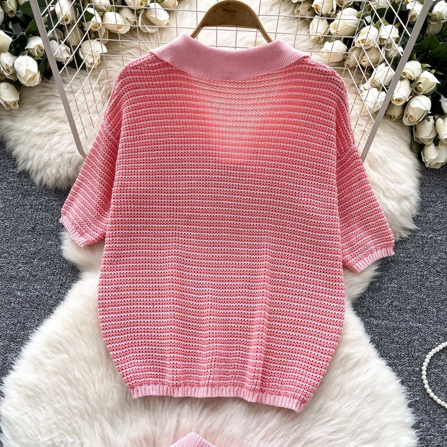 Women's Summer Turndown Collar Short Sleeve Hollow Knitting Top Tight Fitting Shorts Fashion Two Piece Set 14