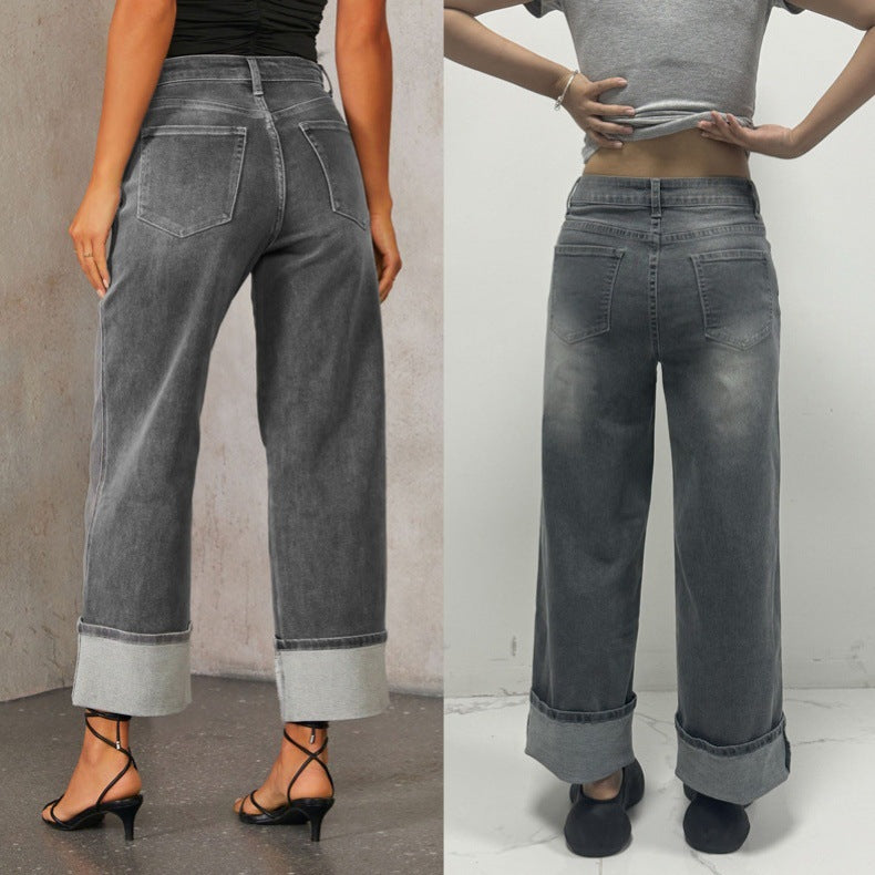 Spring High Waist  Elastic Straight Denim Pants For Women 4