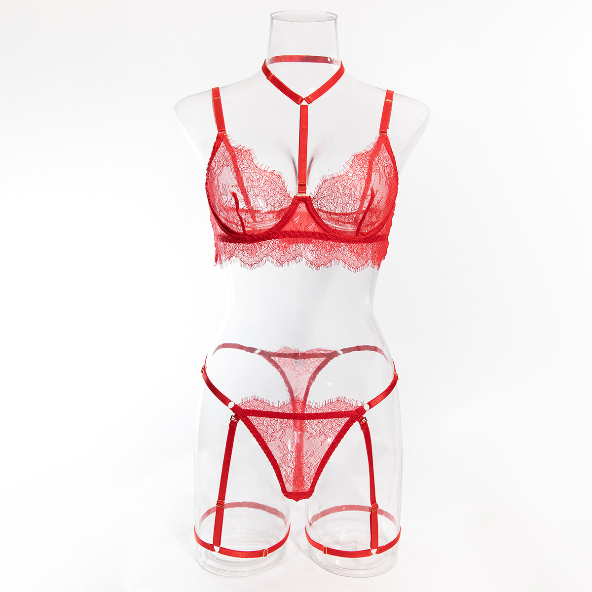 Women hollow lace eyelash halter neck lingerie set with detachable leg loops 32