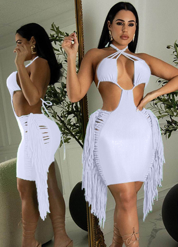 Women Summer White Sexy Halter Sleeveless Solid Hollow Out Mini Club Dress 7