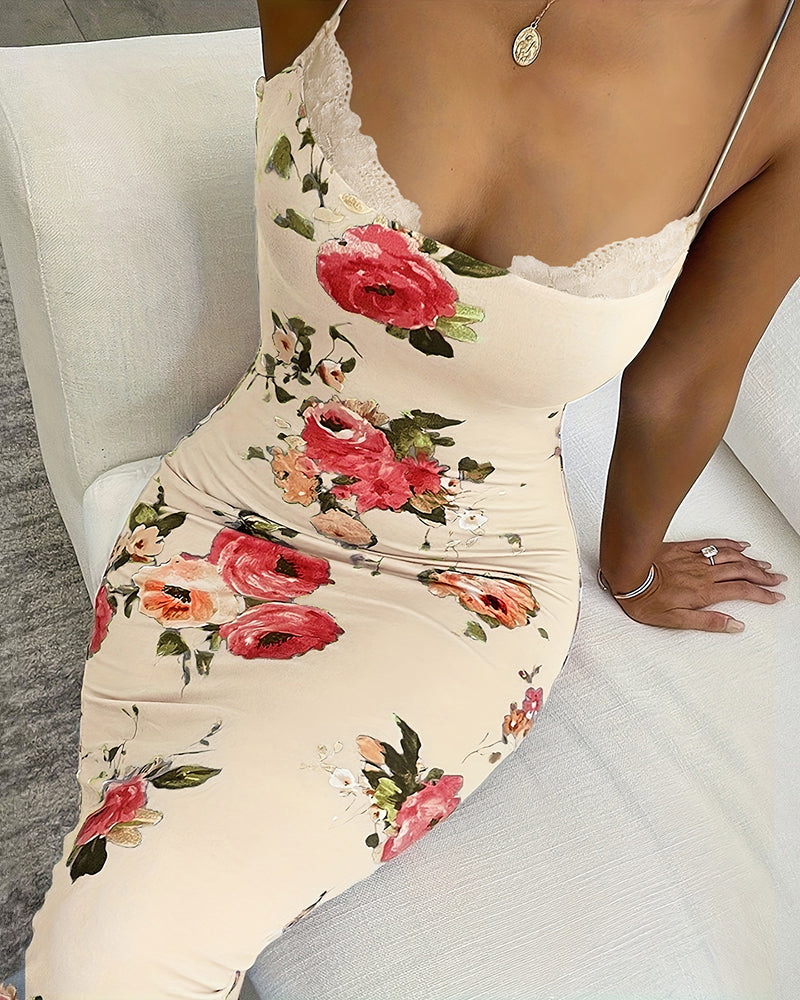 Women Blue Floral Print Patchwork Lace Suspender Dress 4