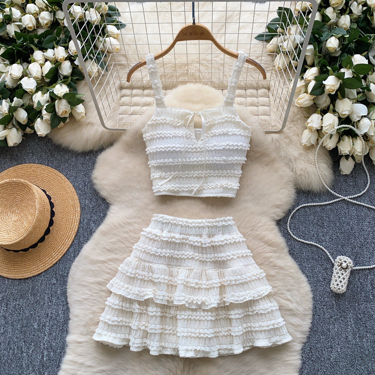 Summer Chic Women's Square Neck Camisole Vest High Waist Pleated Ruffle Skirt Two Piece Set 3