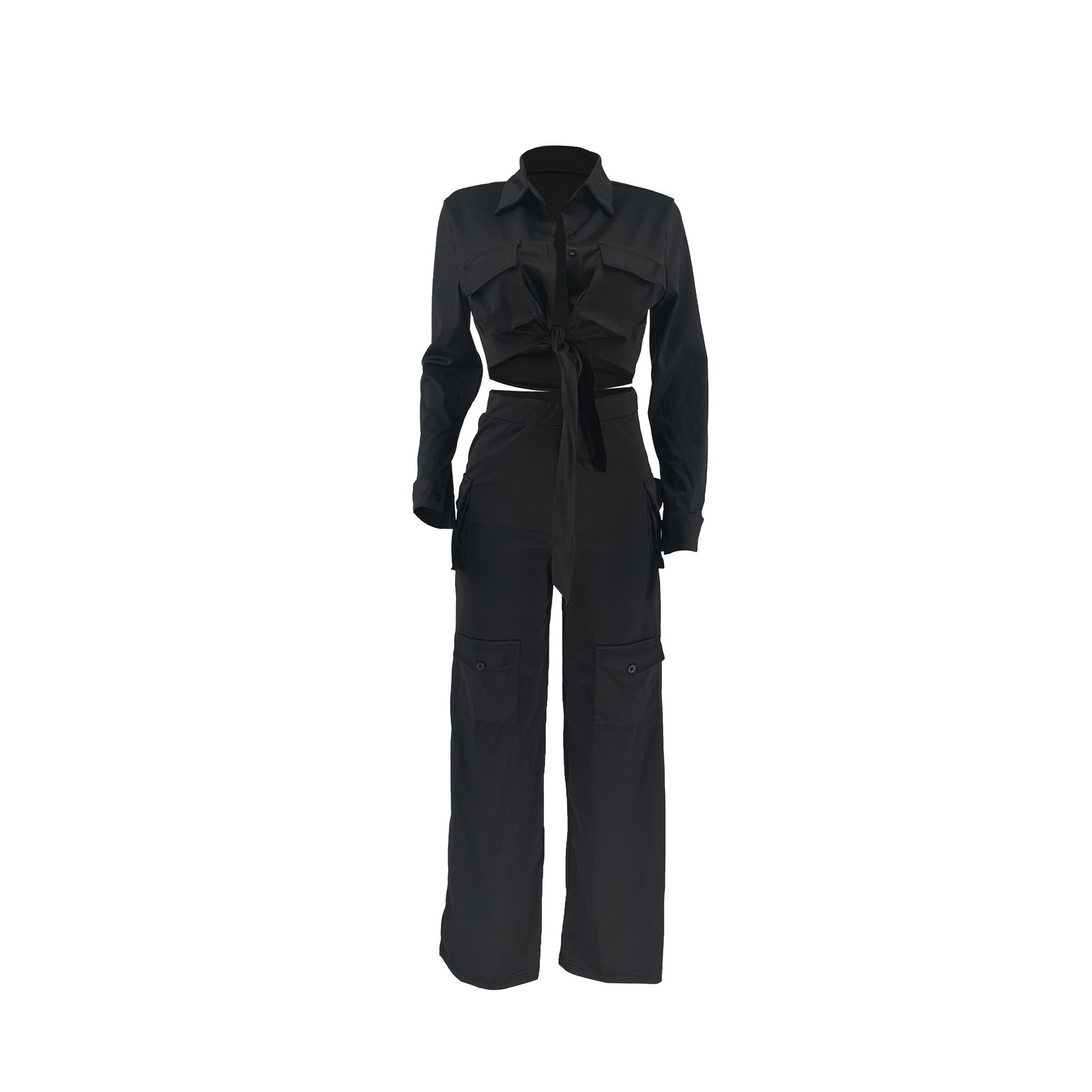 Women Cargo Long Sleeve Top and Wide Leg Pants Solid Two-Piece Set 18