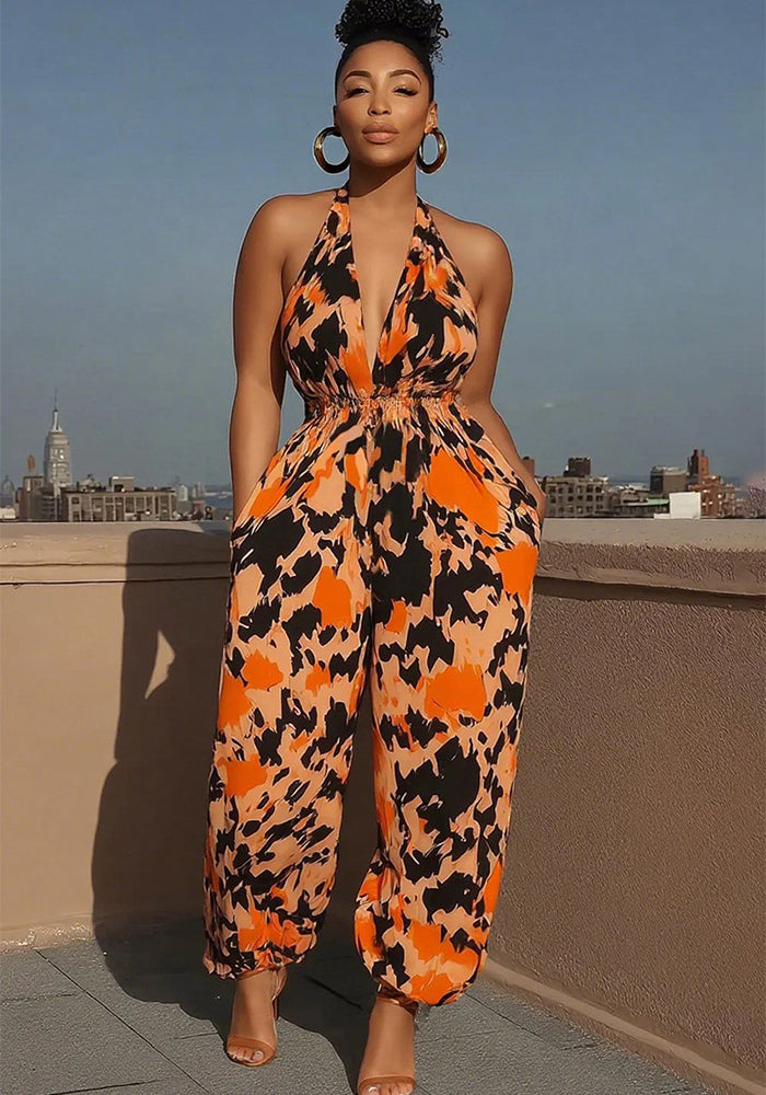 Halter Neck High Waist Print Slim Wasit Wide Leg Jumpsuit