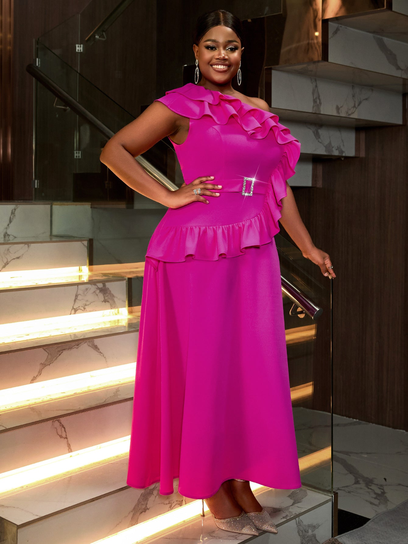 Women Slash Shoulder Sleeveless Formal Party Ruffle Edge Dress 4