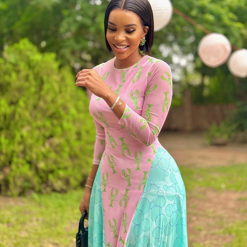 Women Patchwork Print Dress Round Neck Pleated Long-Sleeve Dress 3