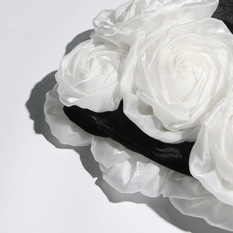 Women sexy velvet wrap chest white rose puffy dress 12