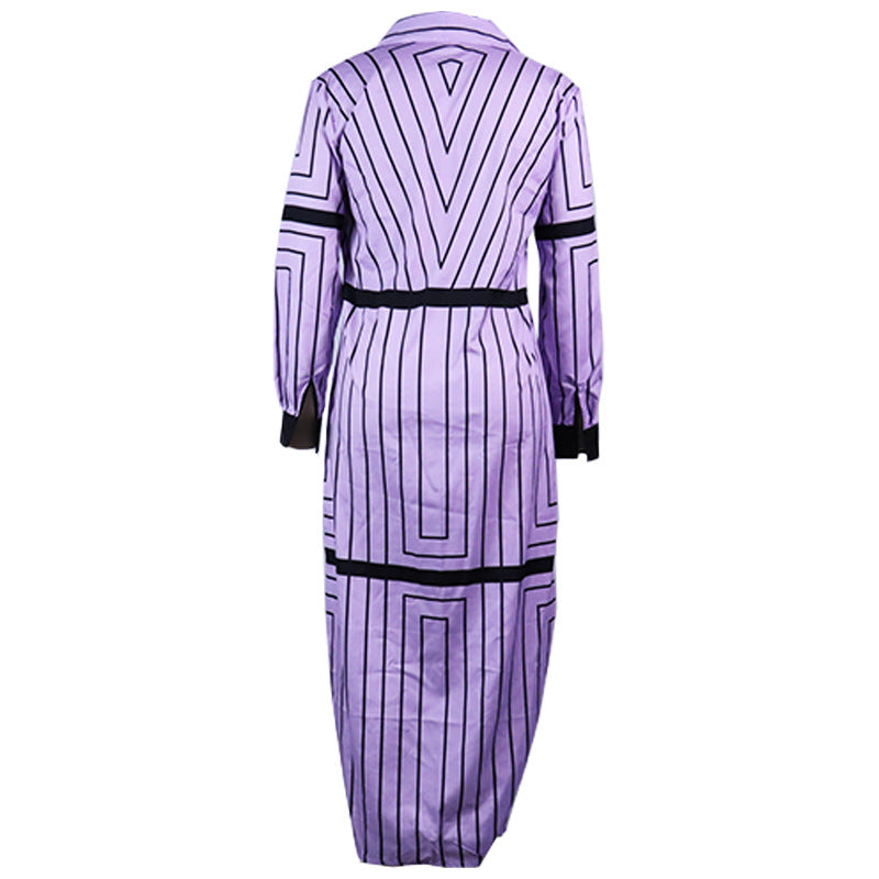 Women Spring Turndown Collar Long Sleeve Striped Dress 7