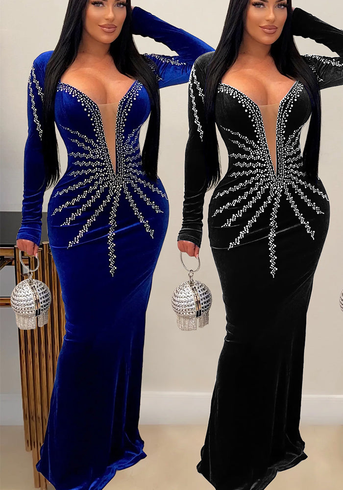 Women Sexy Party Long Sleeve Beaded Fishtail Dress 5