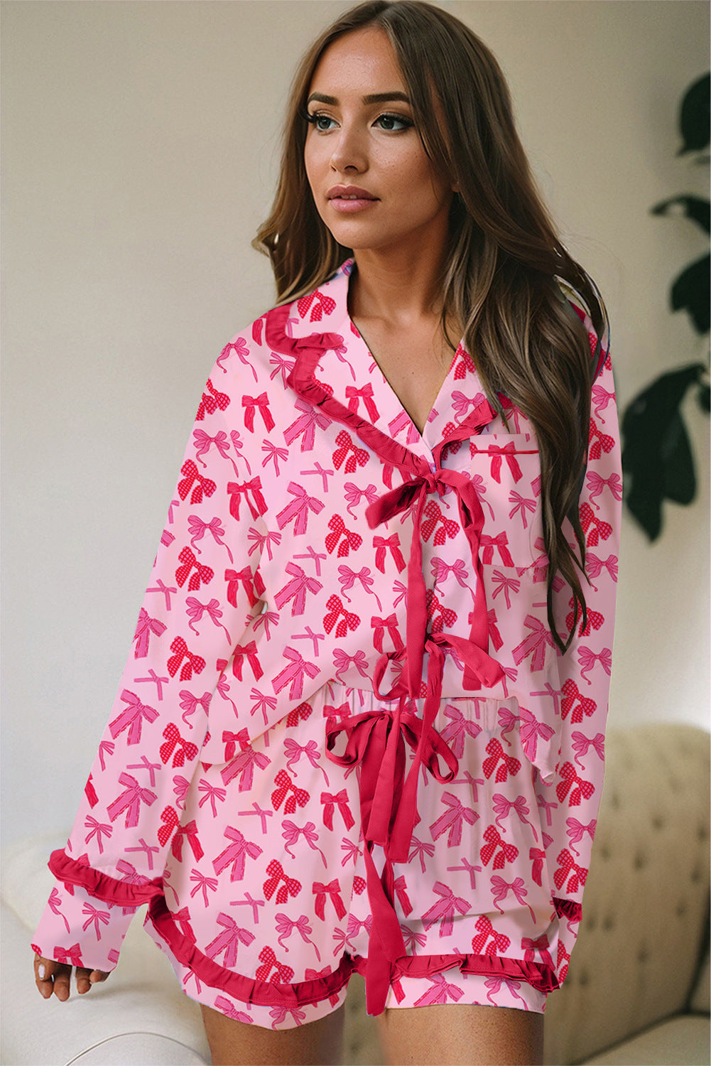 Ruffled Long-Sleeved Two-Piece Casual Shorts Set Printed Valentine's Day Pajamas
