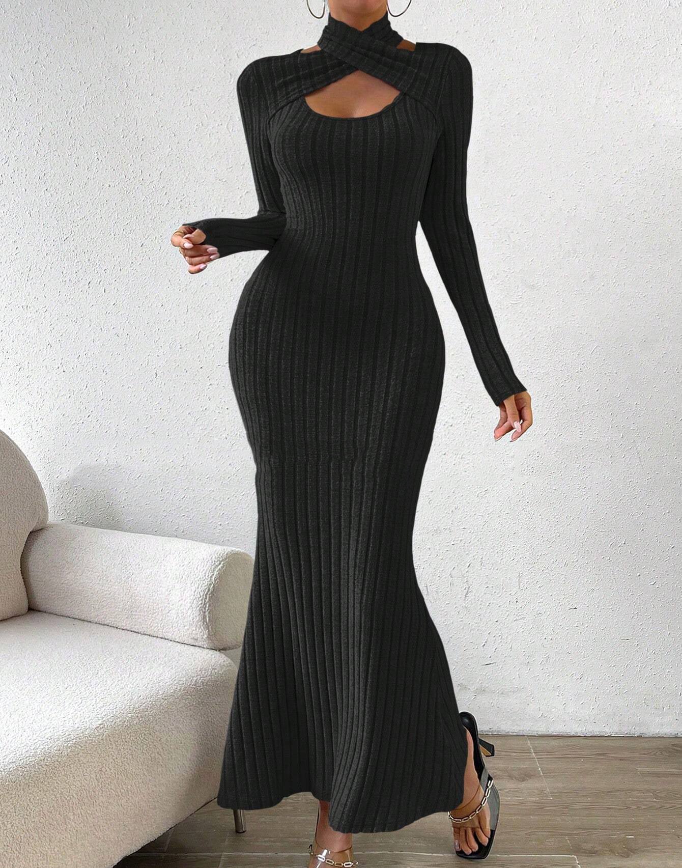 Elegant Solid Color Hollow Long Sleeve Fishtail Long Dress 4