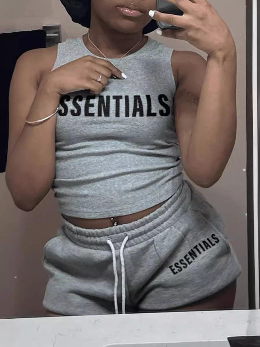 Women's Letter Print Tank Top Shorts Two Piece Set