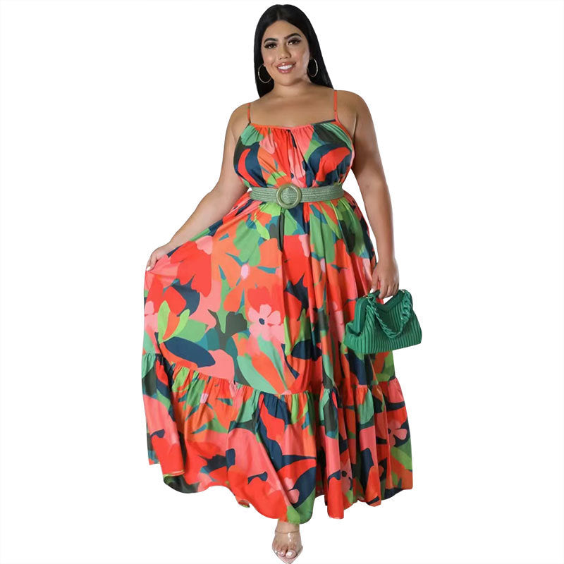 Plus Size Women Summer Sexy Off Shoulder Pleated Print Strap Dress 6