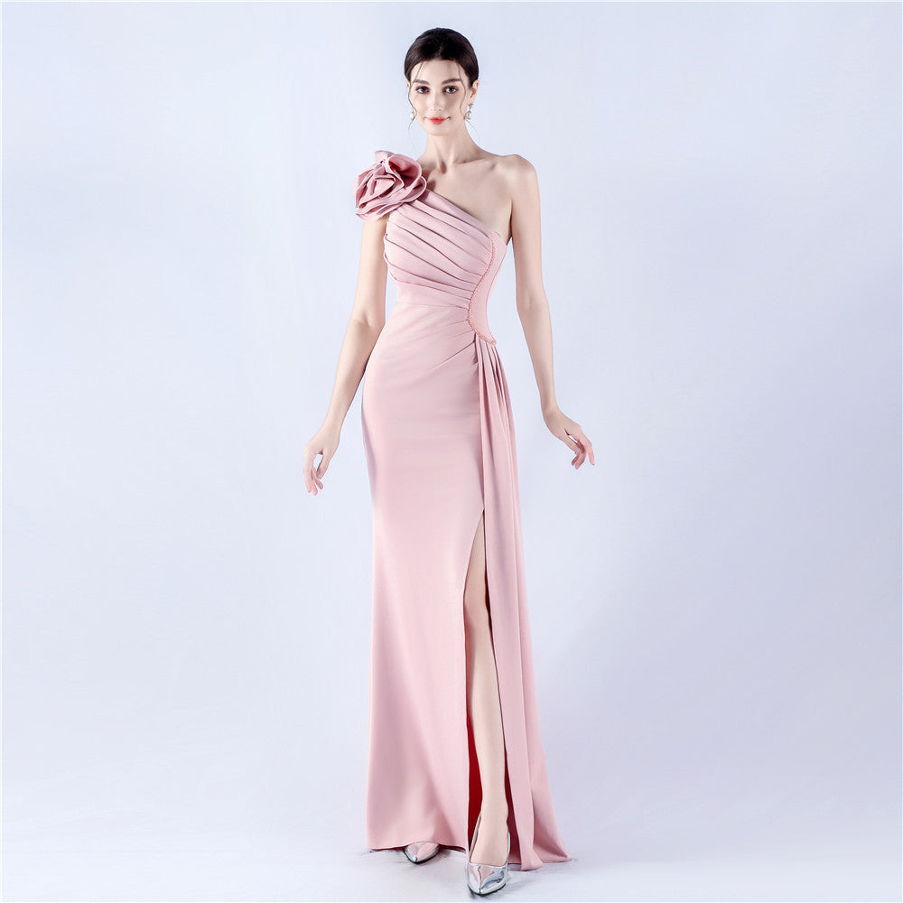 Elegant Flower Slash Shoulder Slit Evening Dress 9
