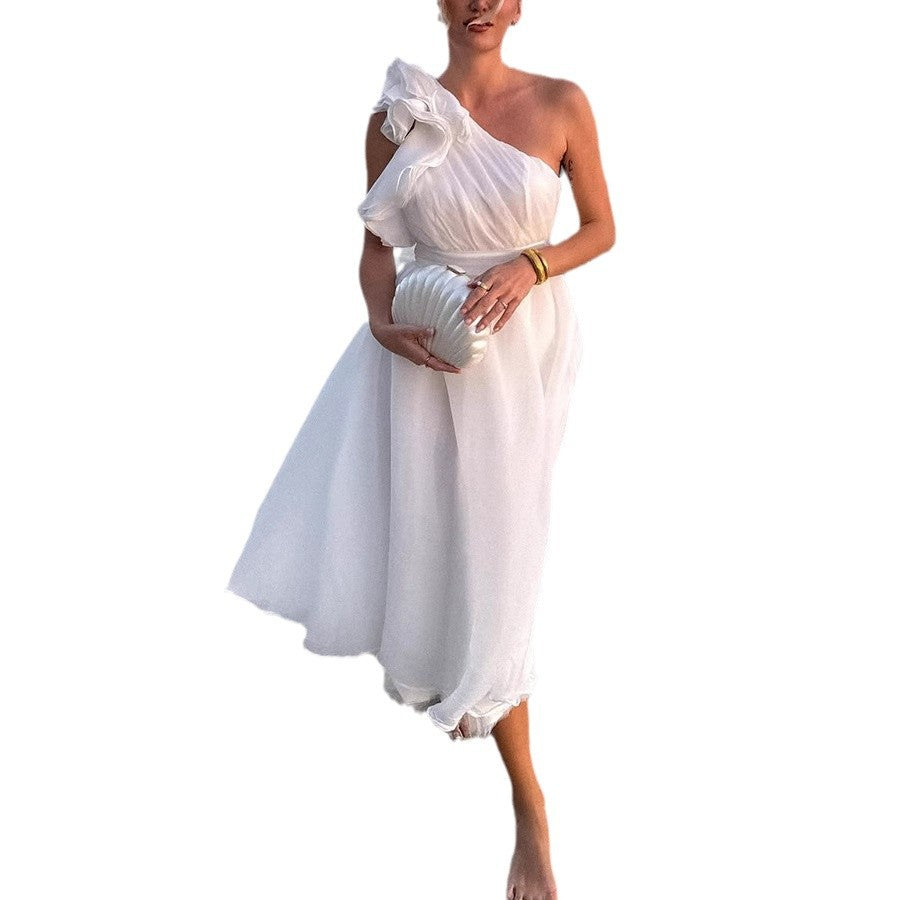 Women's Summer Sexy Solid Color Slash Shoulder Low Back Dress 8