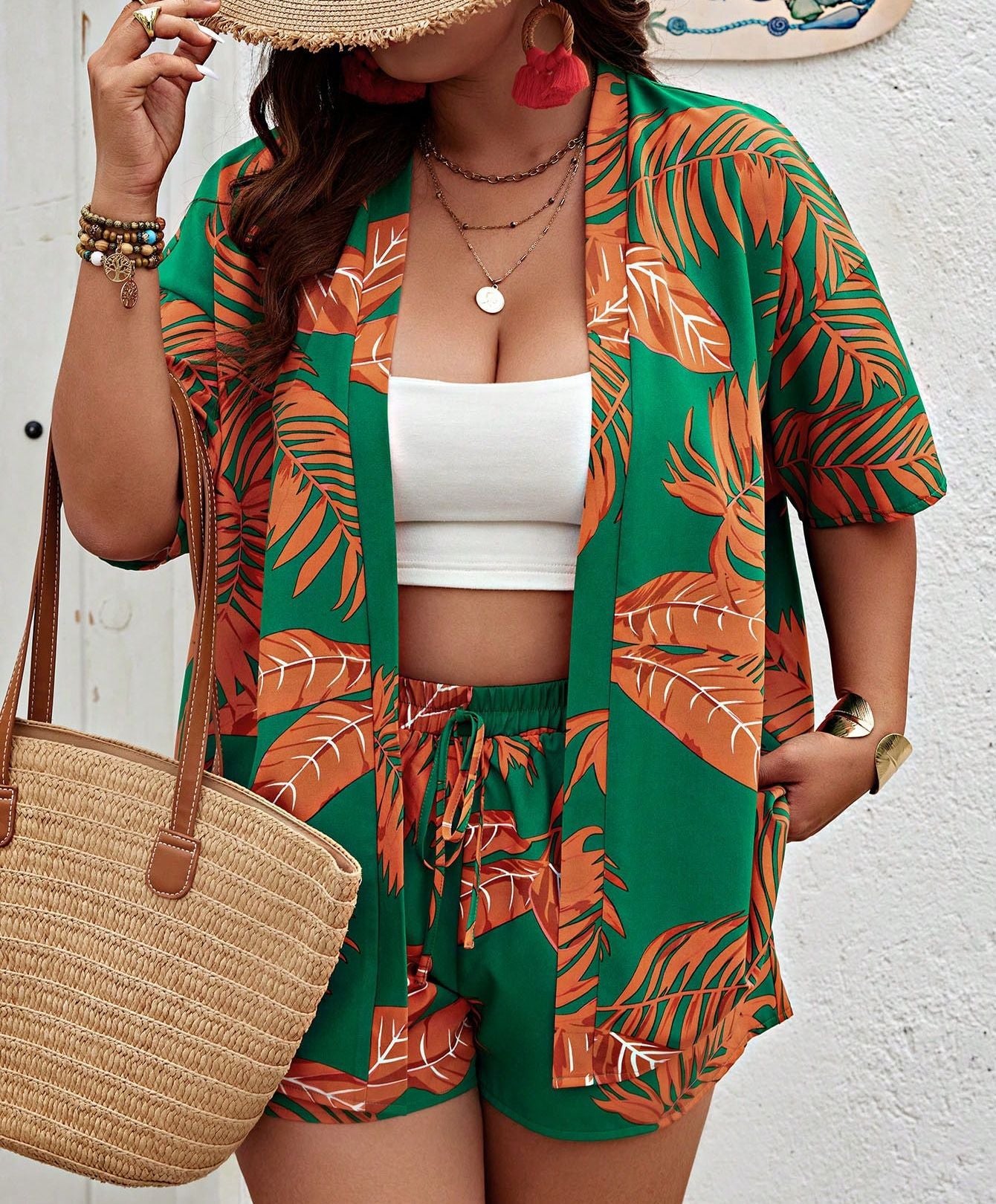 Spring Summer Women's Fashion Print Casual Holidays Cardigan Shorts Set 10