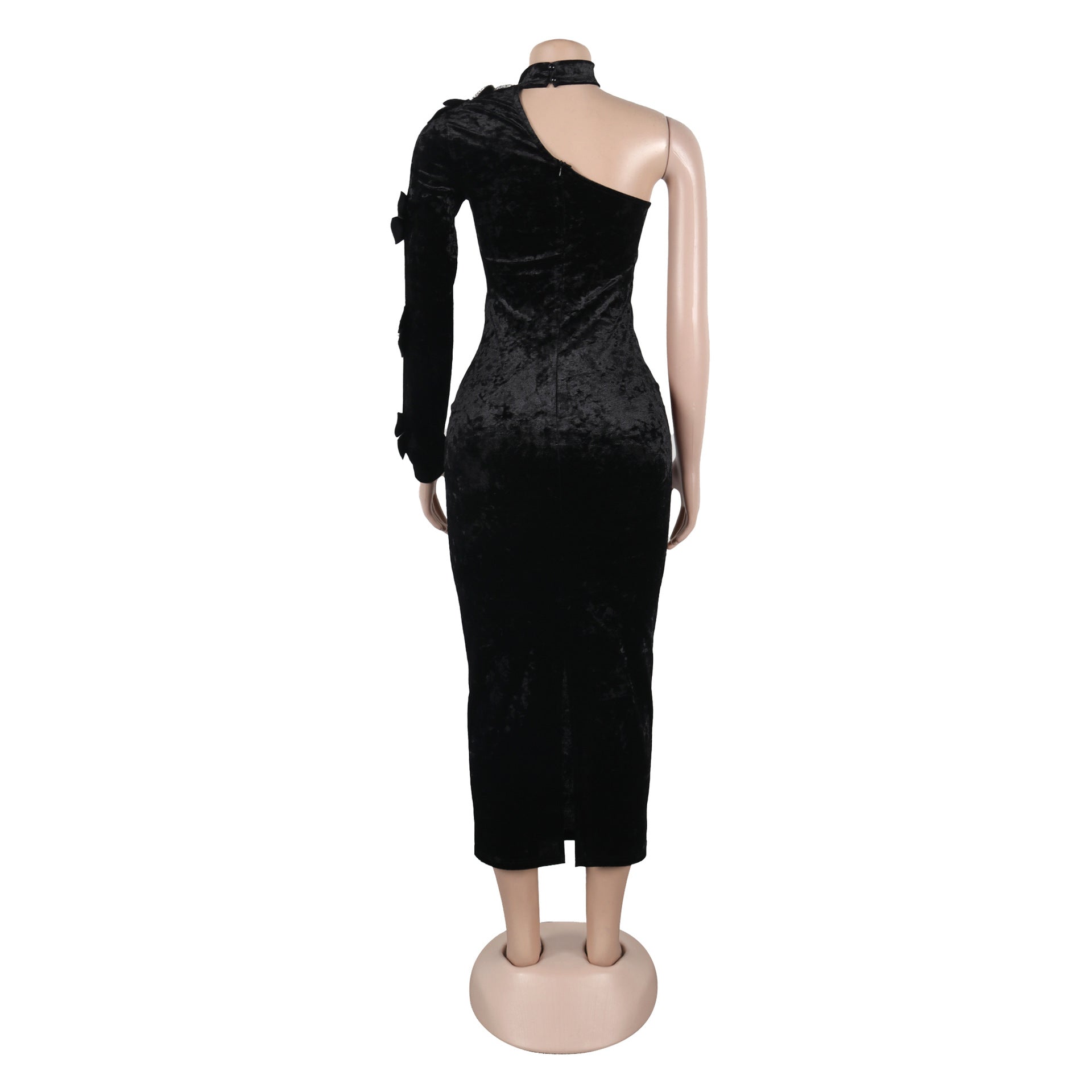Women off-shoulder rhinestone ribbon single long-sleeved velvet dress 6