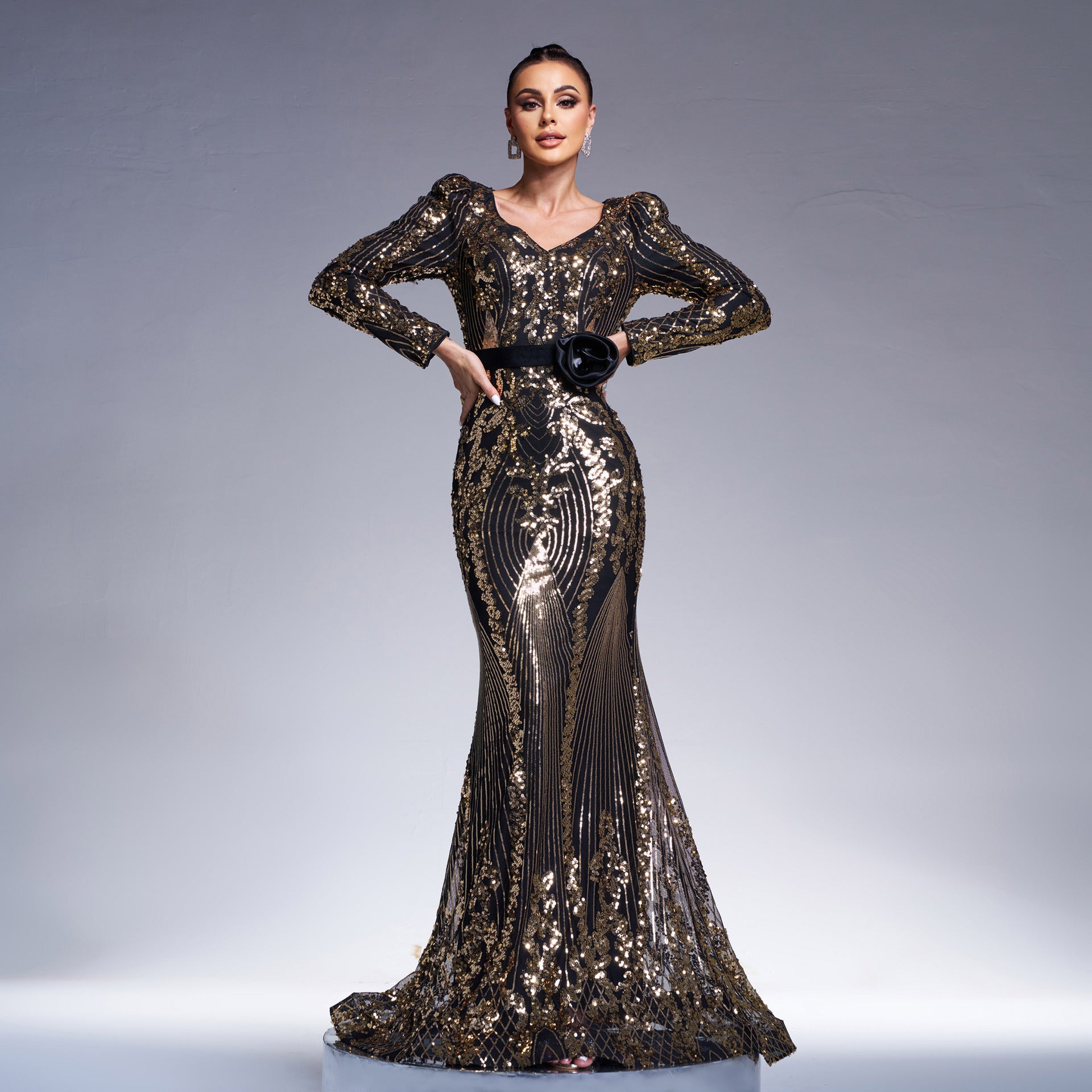 Women long-sleeved V-neck Bodycon Formal Party sequin fishtail evening dress 7