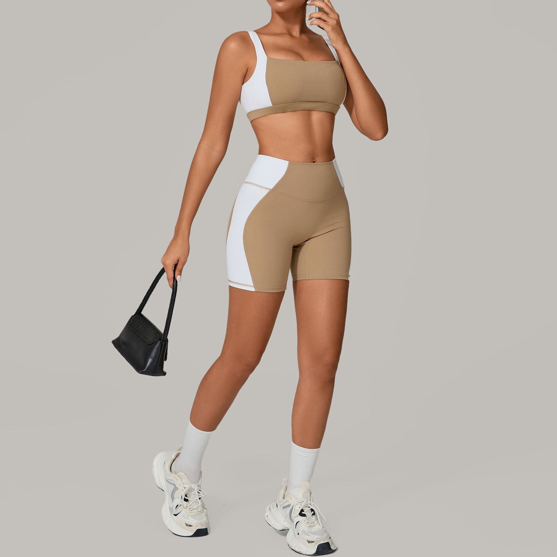 Women Backless Yoga Colorblock Quick Dry Fitness Wear Sports Two-piece Set 12