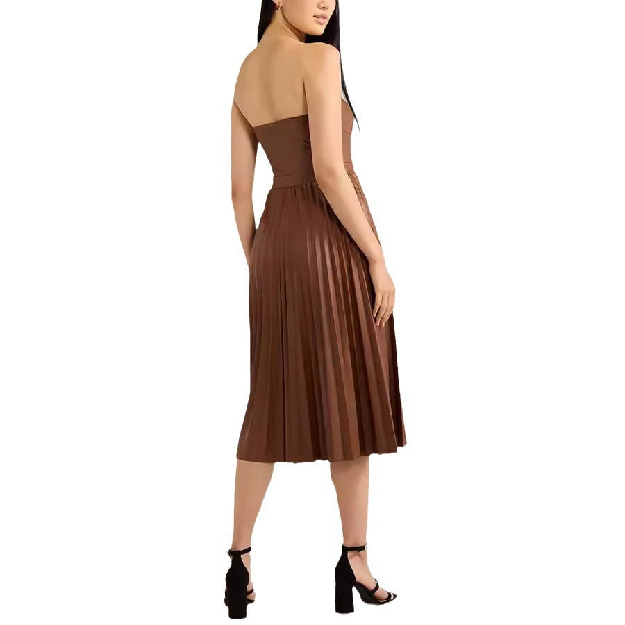 Spring and autumn strapless Casual loose pleated leather dress 7