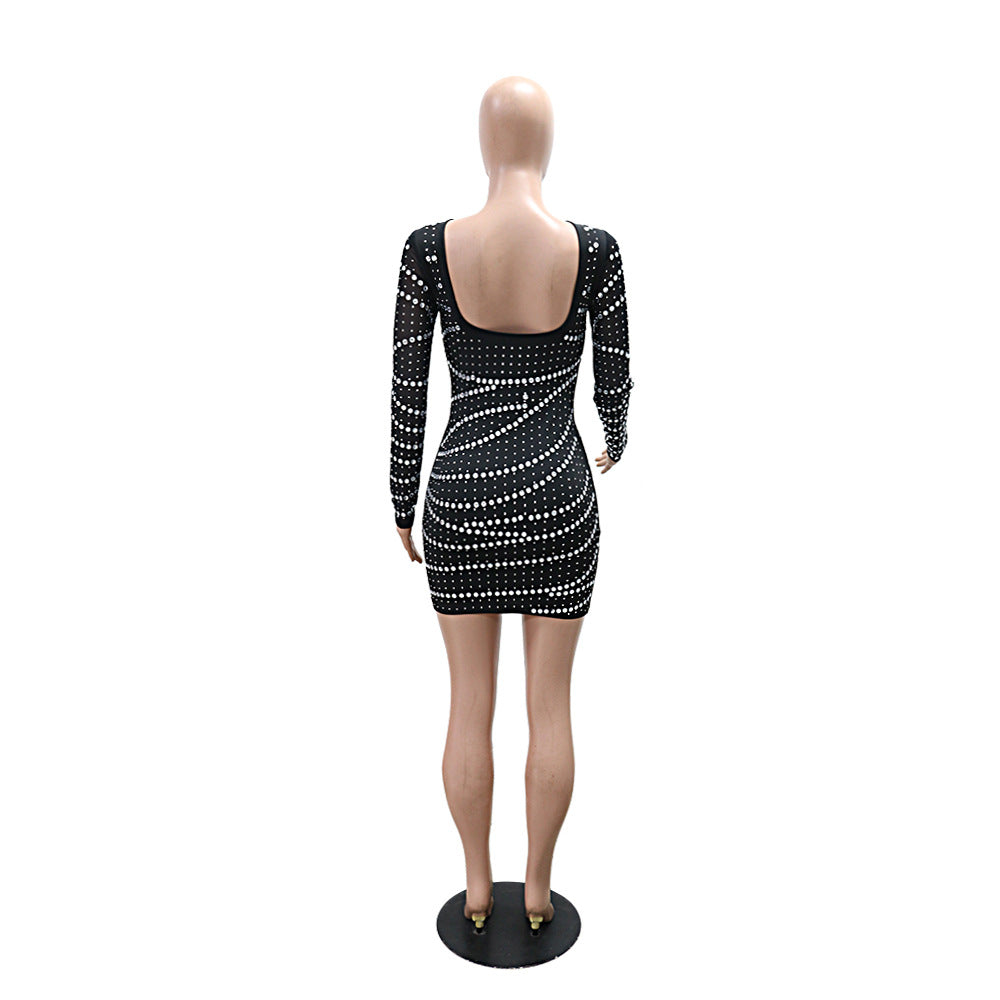 Women Sexy Round Neck Long Sleeve Beaded Backless Bodycon Dress 7